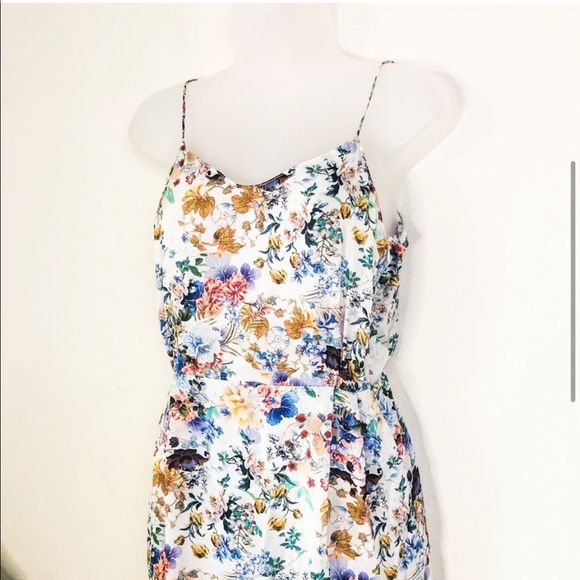Zara Basic White & Multicolor Floral Satin Spaghetti Strap Midi Slip Dress - Picture 4 of 14